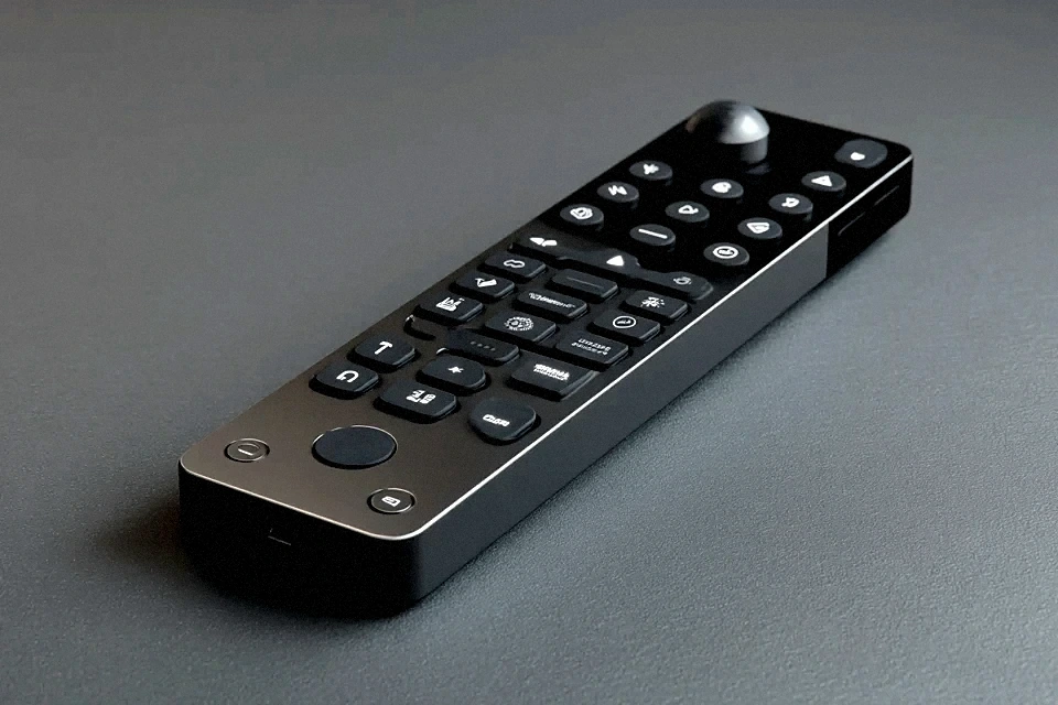 Close-up of the remote's miniature backlit keyboard.