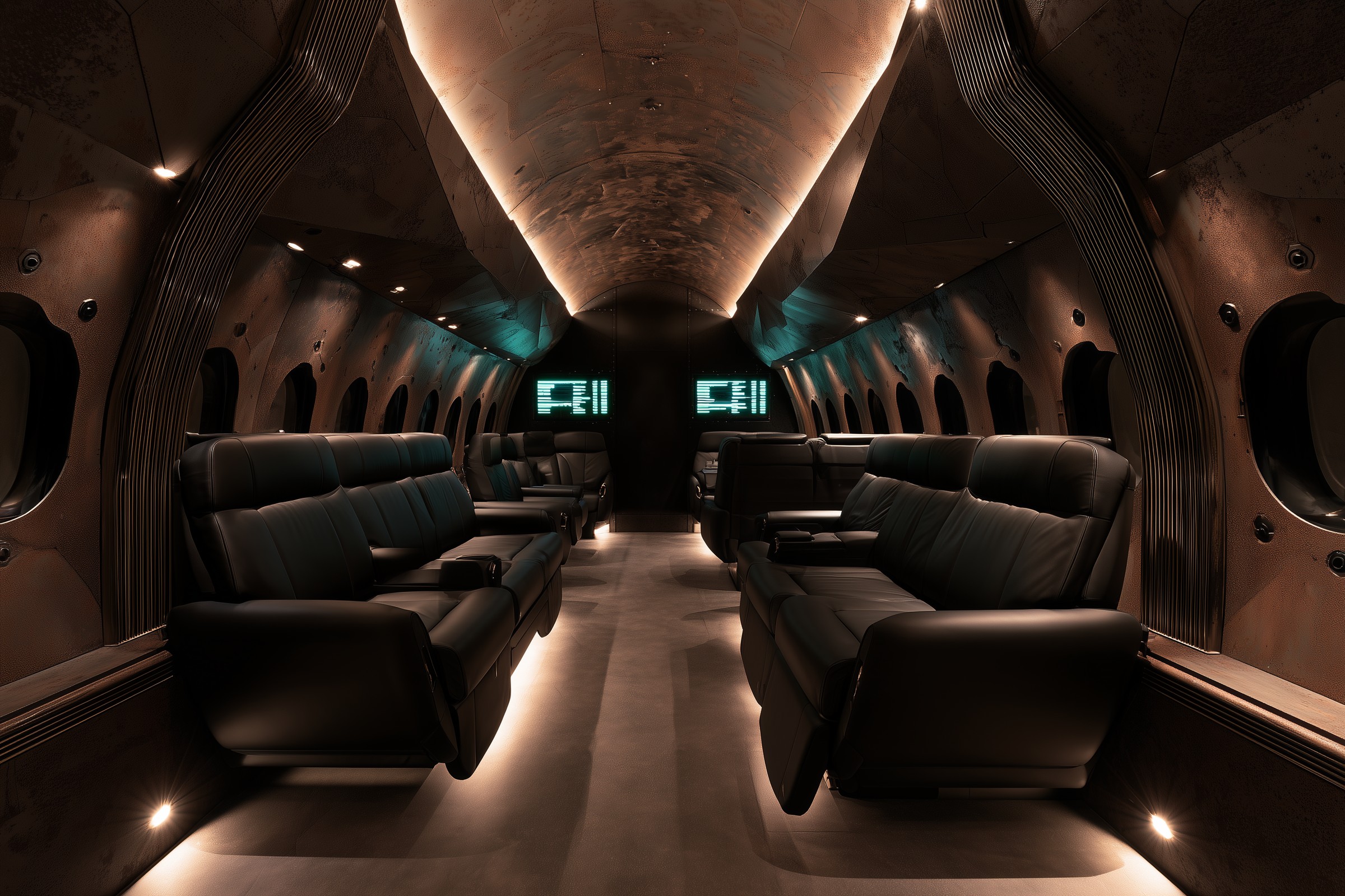 Main cabin: Deep black leather, knurled vertical trim and terminal-green displays on every bulkhead.