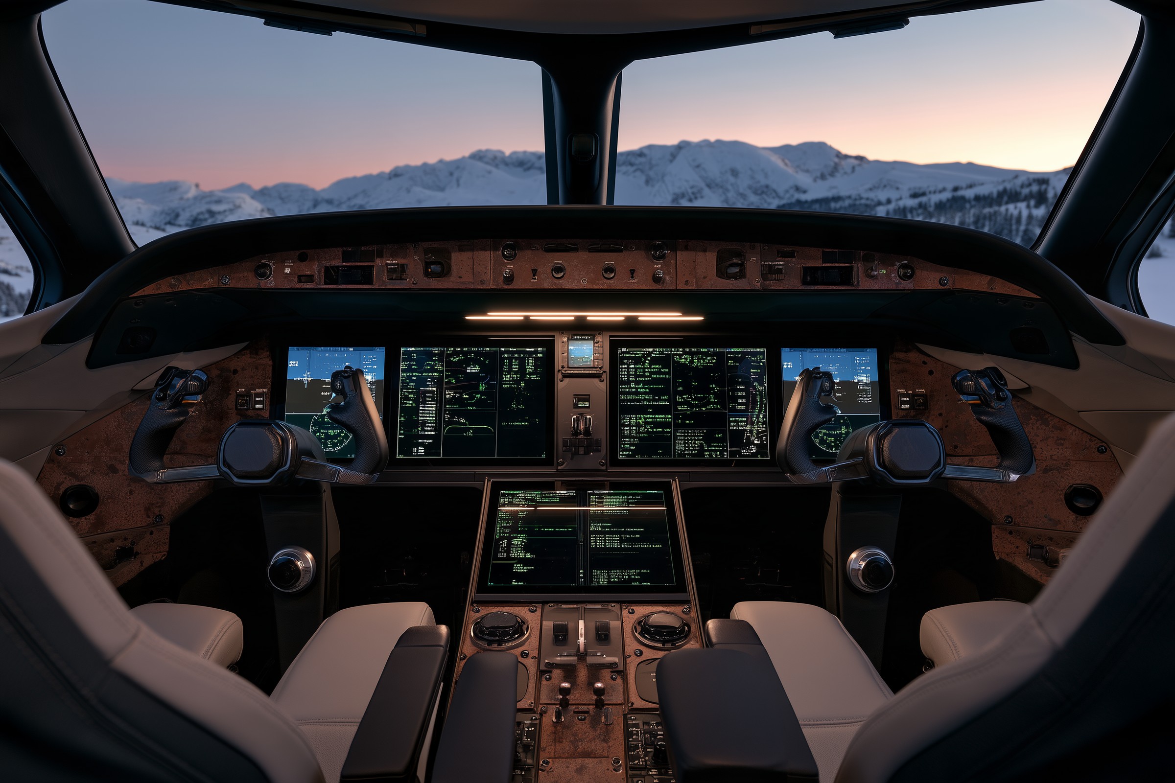 Flight deck: Black-glass instruments glowing phosphor green, framed in the same weathered steel as the hull.