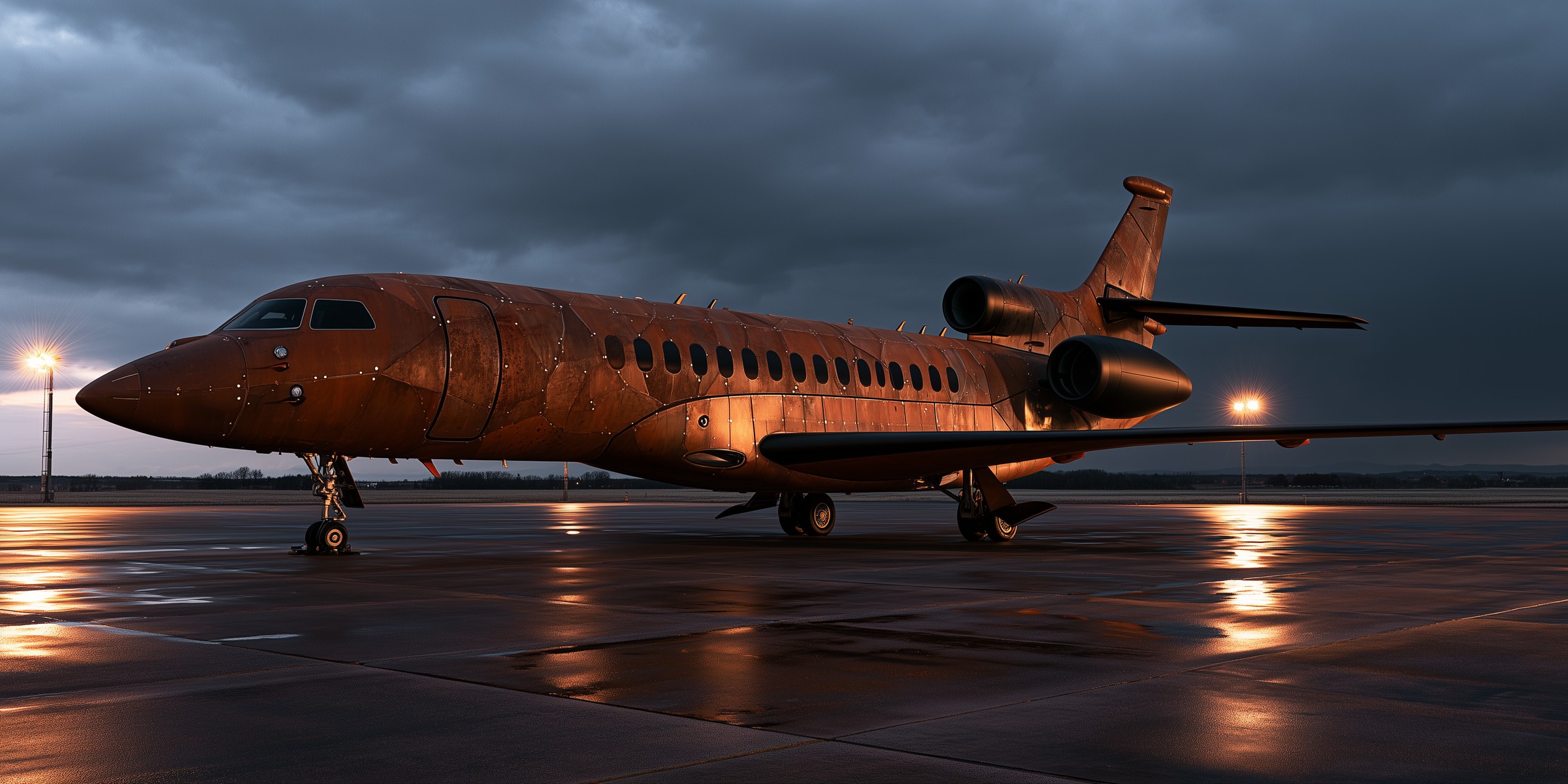 Dusk on the apron: Blackened nacelles, matte black glazing and exposed hex fasteners. Nothing is polished, and nothing is painted over.